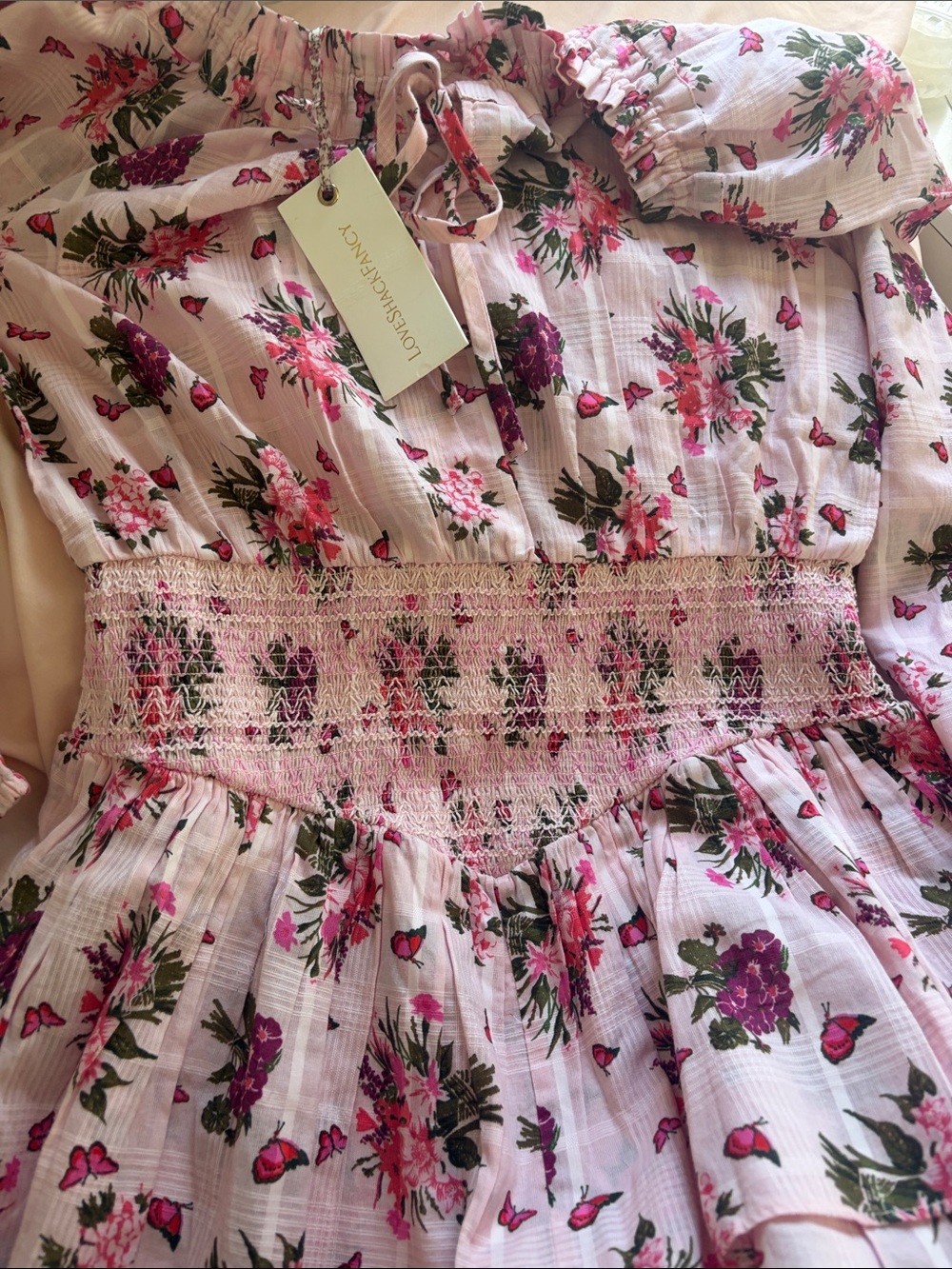 LoveShackFancy Pink Floral Off-Shoulder Smocked Dress